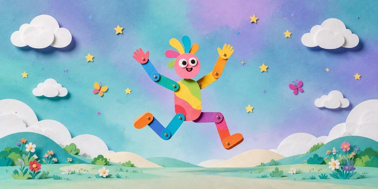 Pastel kâğıt tepelerin üzerinde zıplayan, eklemleri görünen rengârenk keçe kukla
