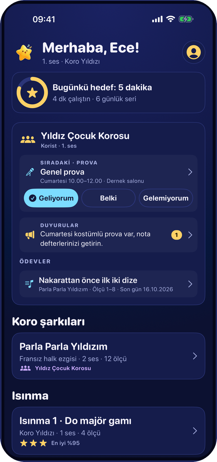 Koro Yıldızı ana sayfa: günlük hedef, koro kartı, yaklaşan prova ve şarkılar