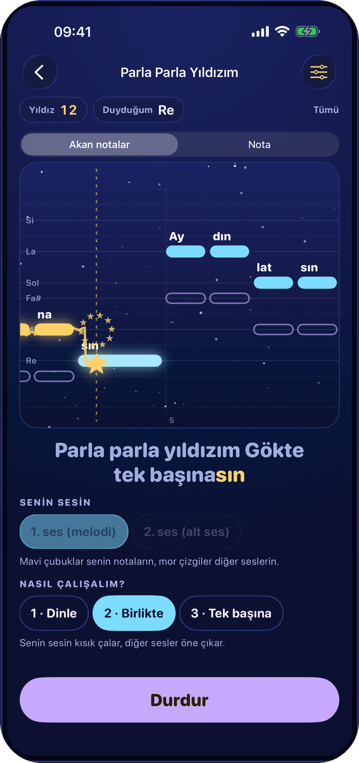 Akan notalar görünümü: ekrandaki yıldız söylenen sesi canlı izliyor