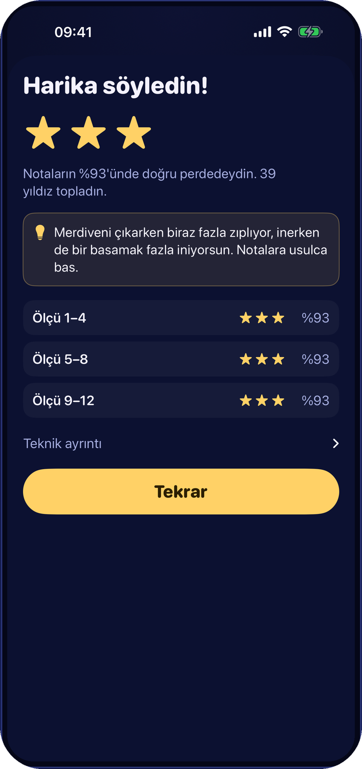 Çalışma sonucu: üç yıldız, doğru nota yüzdesi, ölçü ölçü rapor ve kişisel ipucu