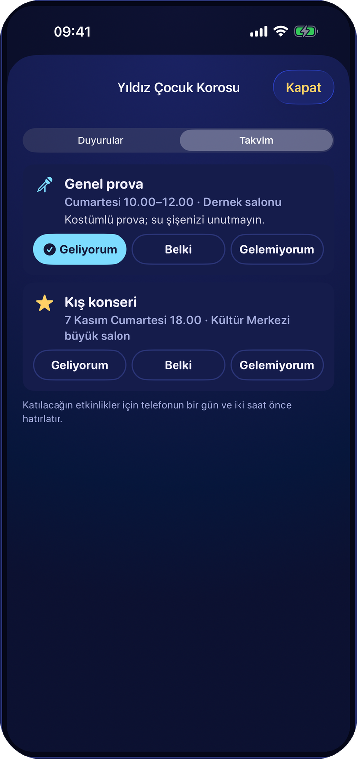Prova ve konser davetleri, katılım yanıtları ve hatırlatmalar