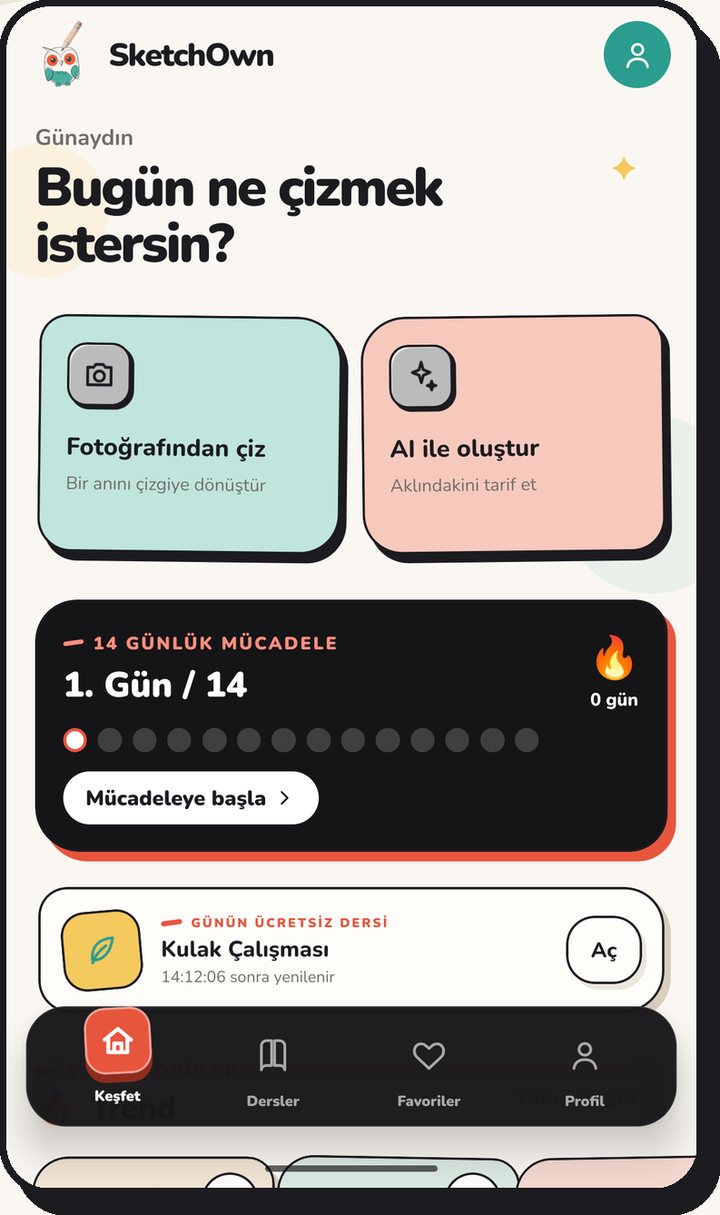 SketchOwn ana sayfa: fotoğraftan eskiz, AI ile oluştur ve 14 günlük çizim mücadelesi