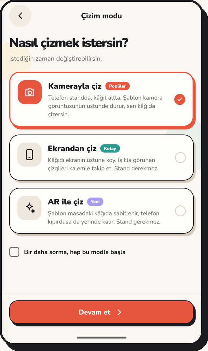 Üç çizim modu: kamerayla çiz, ekrandan çiz, AR ile çiz