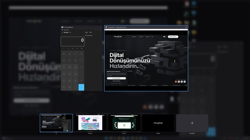 Tek ekranda ScreenSpaces genel bakışı: üstte pencerelerin canlı önizlemesi, altta ekranın alanları son görünümleriyle