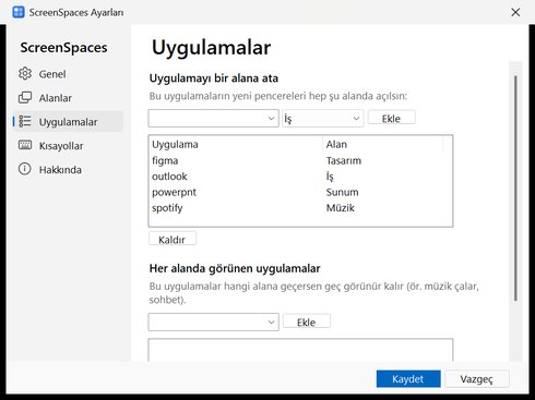 ScreenSpaces ayarları Uygulamalar sayfası: uygulama–alan kuralları