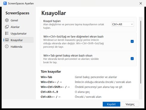 ScreenSpaces ayarları Kısayollar sayfası