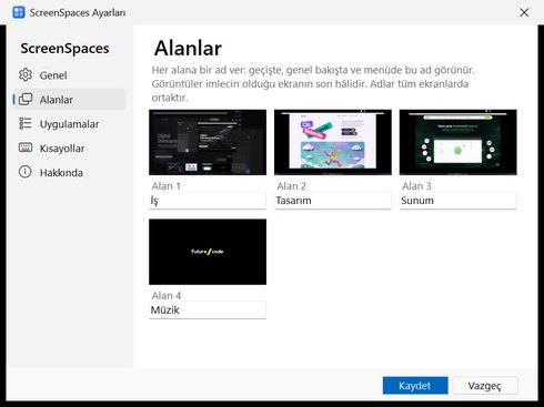 ScreenSpaces ayarları Alanlar sayfası: önizlemeler ve alan adları