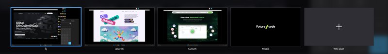 Tek ekranda ScreenSpaces genel bakışı: üstte pencerelerin canlı önizlemesi, altta ekranın alanları son görünümleriyle