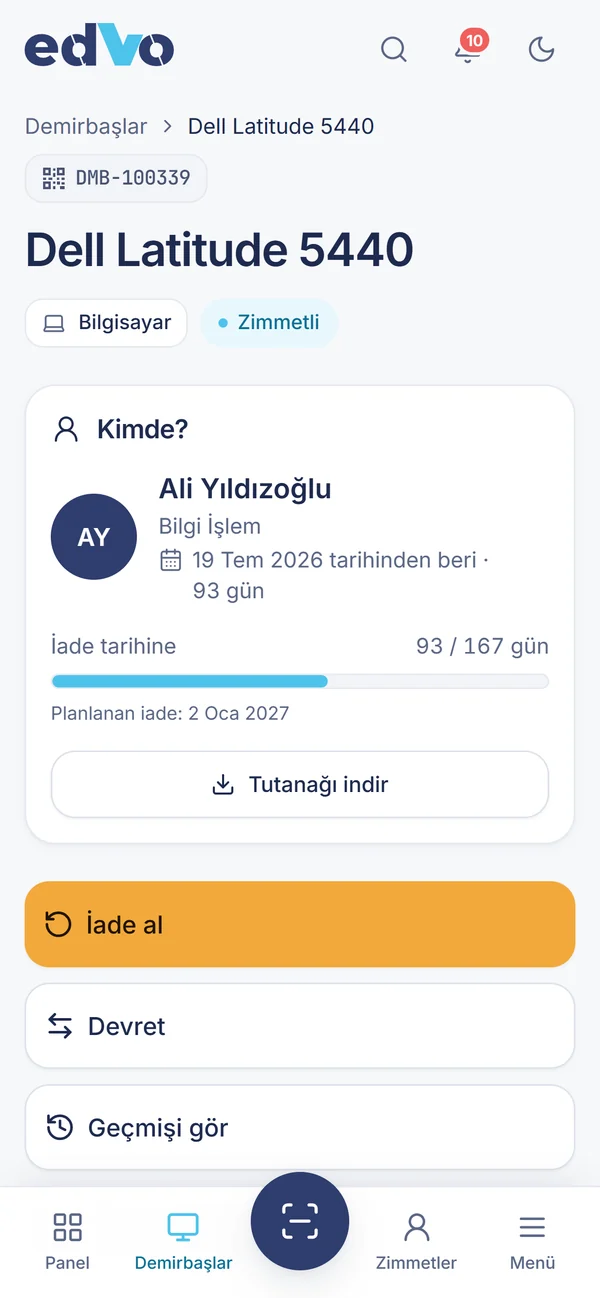 Mobilde demirbaş kartı