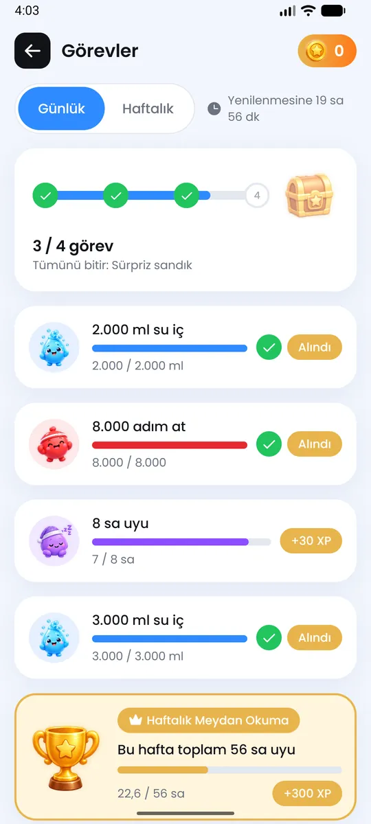 Günlük görevler ve haftalık meydan okuma