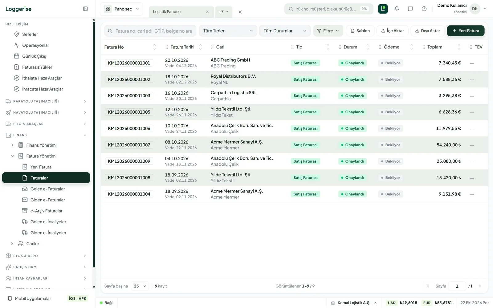 Loggerise — Invoices: Sales invoices issued from loads; TRY and foreign-currency totals, approval and payment status.