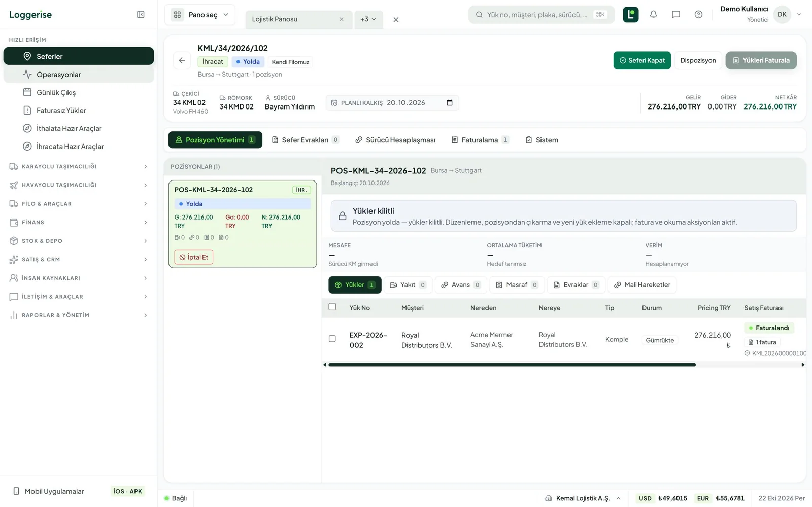 Loggerise — Trip details: Trip revenue, cost and net profit; tractor, trailer, driver, positions, fuel, advance and expense tabs, linked loads and billing status.