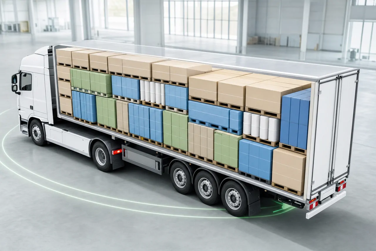 A trailer loaded with pallets in a 3D layout