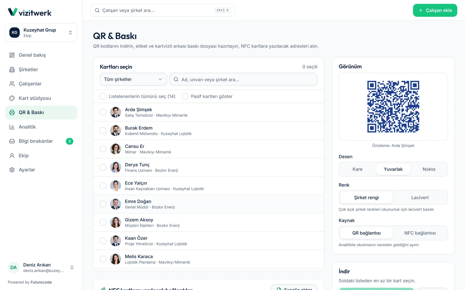 Vizitwerk — QR & baskı: QR kodlarını toplu indirin, baskı dosyası hazırlayın, NFC kartlara yazılacak bağlantıları alın.