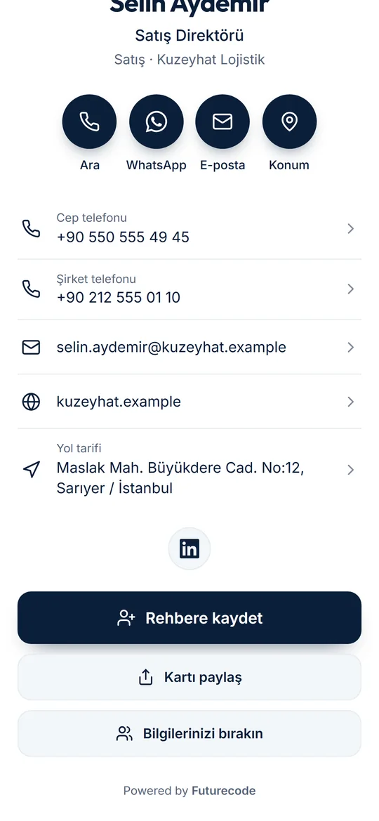 “Rehbere kaydet”, kartı paylaş ve bilgi bırakma düğmeleri.