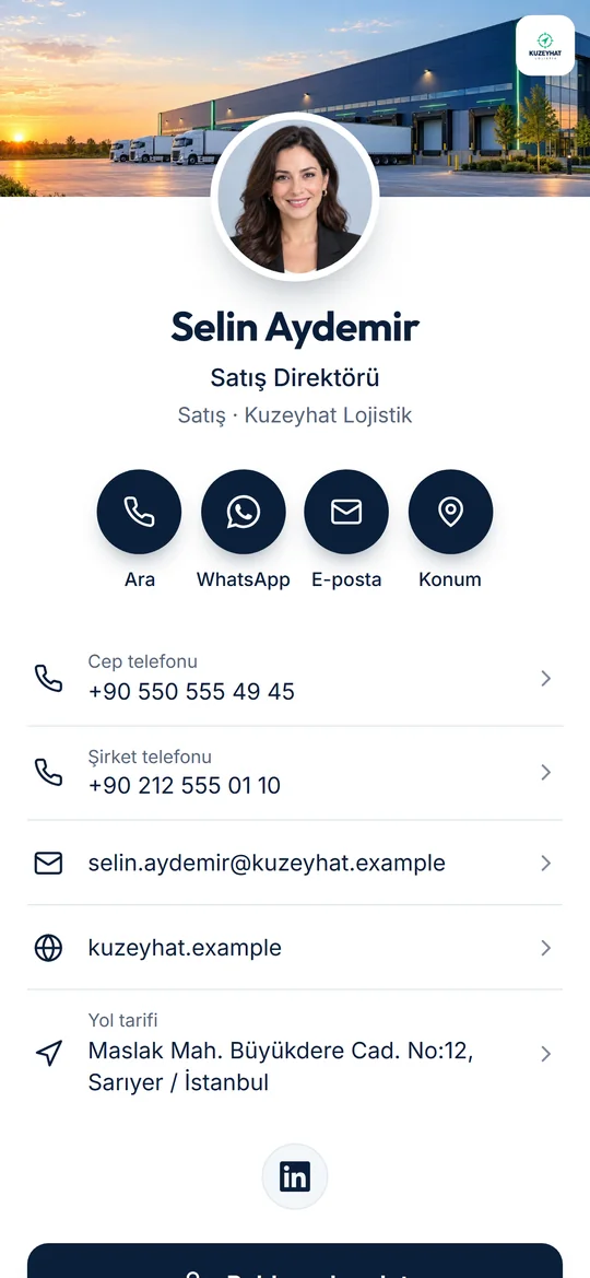 Kapak görselli kart; tek dokunuşla ara, WhatsApp, e-posta, konum.